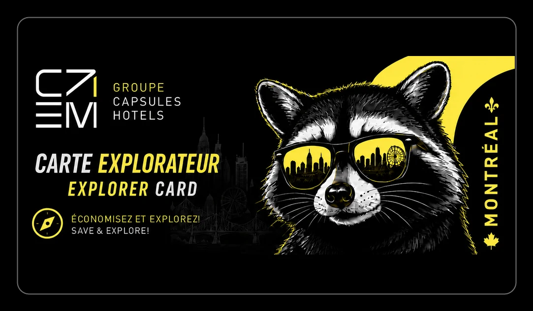 Capsule Hotels Group Explorer Card — the card featuring the signature raccoon and the Montreal skyline